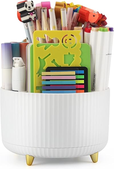 Desk Organizer, 360 Degree Rotating Pen Pencil Holder for Desk, Cute 5 Slots Spinning Pen Cup Pencil Cup for School, Office, Home - White