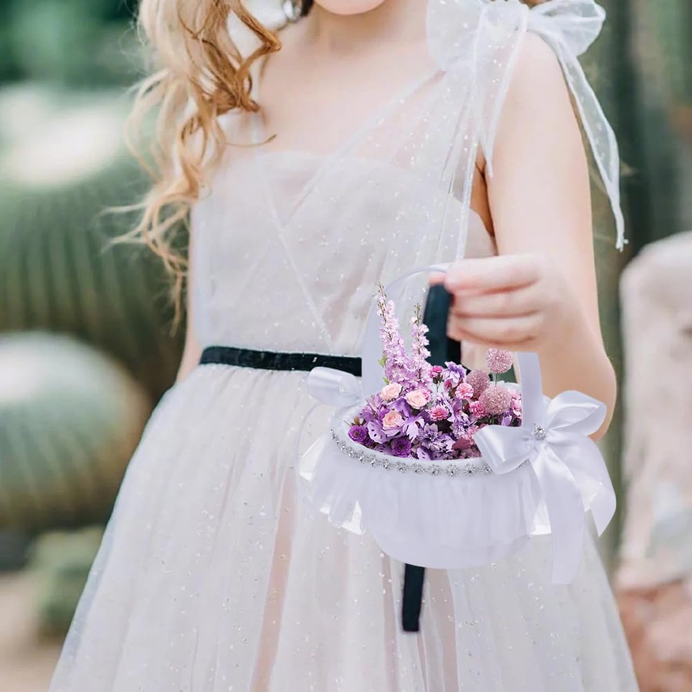 2 Pcs Flower Girl Baskets with Satin Bowknot and Pearl,Small Size White Wedding Flower Basket with Handle,Blue Pink Wedding Baskets for Flower Girls,Party Decorative Flower Basket (white, 7.5In)