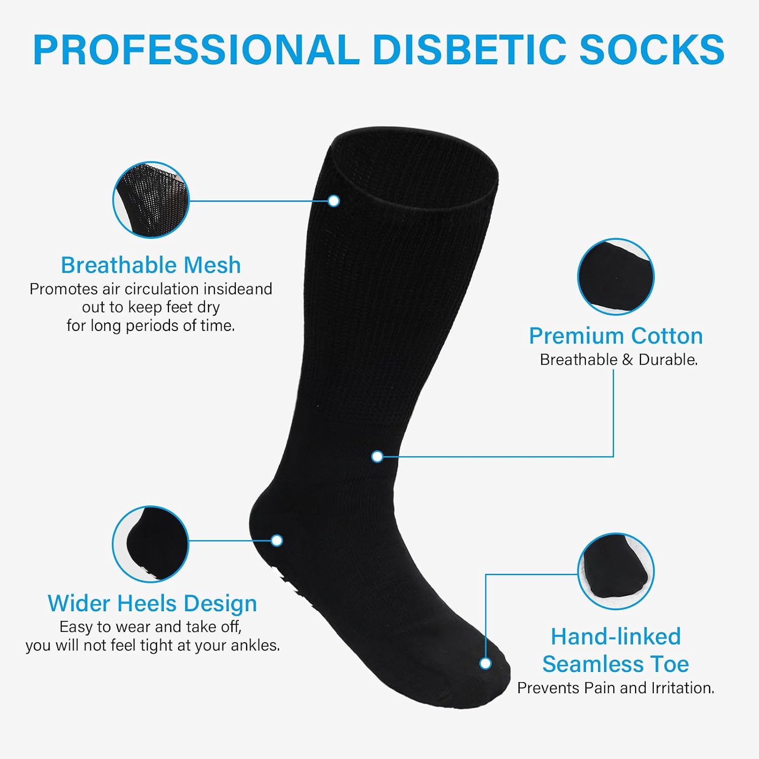CaiDieNu Non Slip Diabetic Socks: 3 Pairs Extra Wide Hospital Socks for Men Women with Grips Elderly Edema 9-15