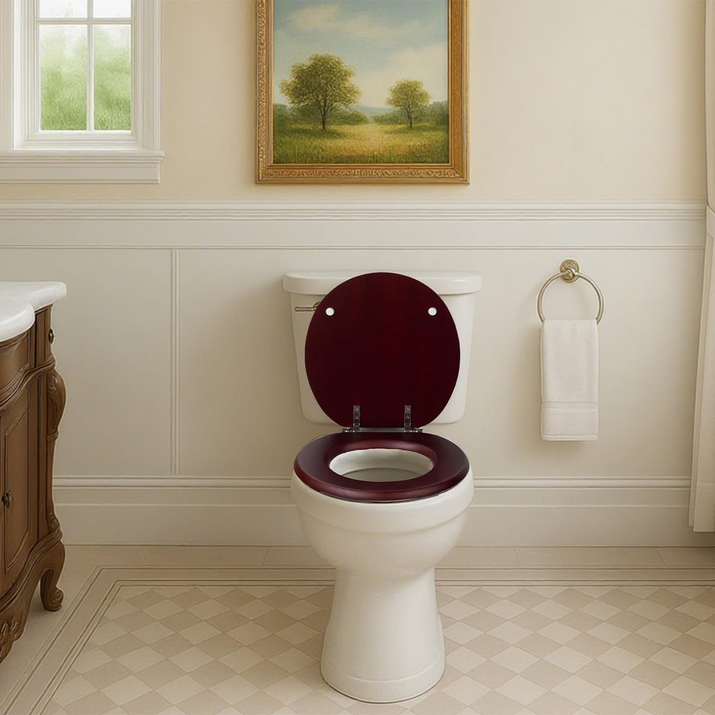 Toilet Seat, Solid Wood, Pine Wood, Matte Finish, Vintage Red Mahogany, PIKLiDS (Round)