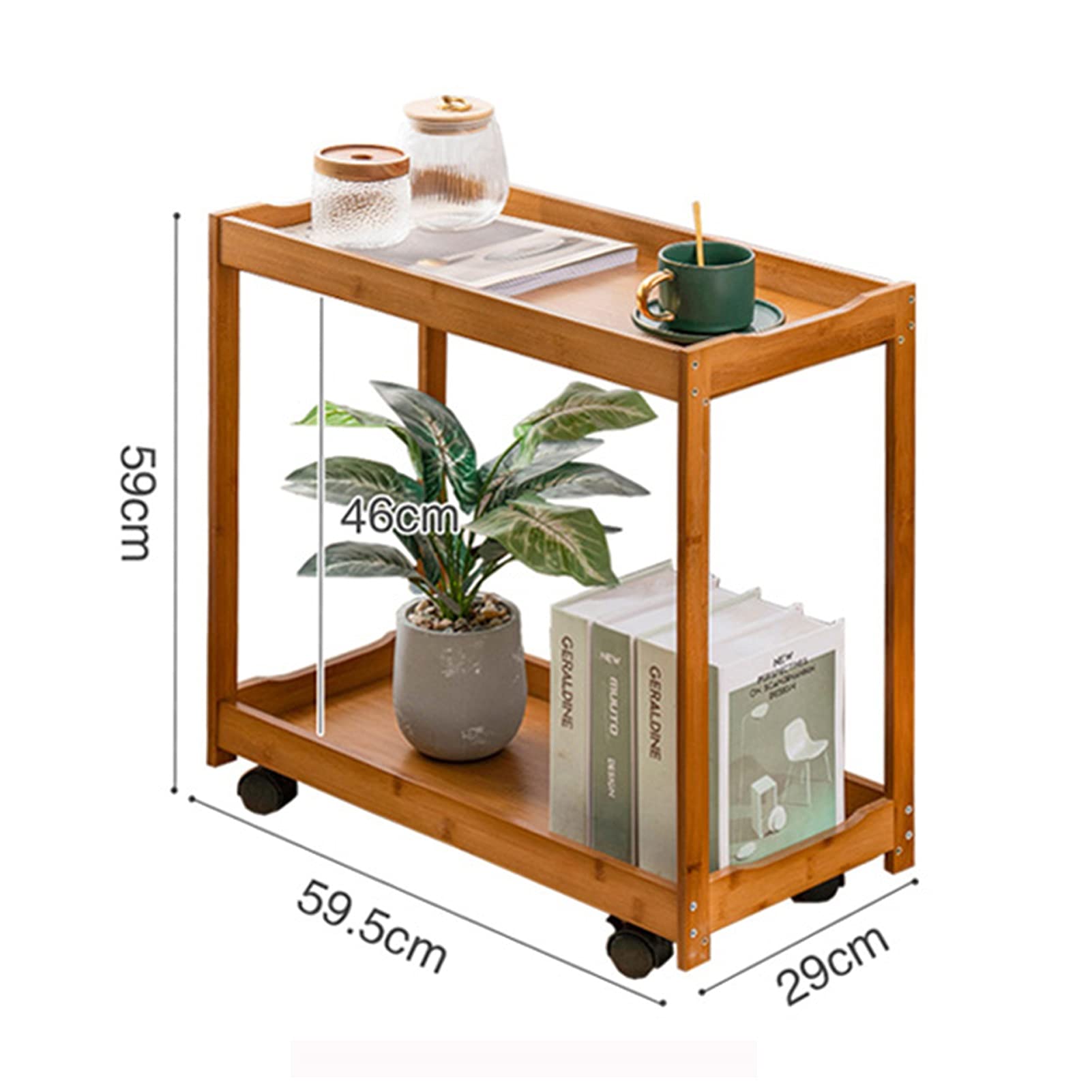 Mesa Camarera Carro de Servicio, Carro Almacenamiento Madera Refuerzo Borde Rueda Universal con Freno 360 ​​°, Rack Almacenamiento 2 Niveles Teniendo 50KG El Lado del Sofá