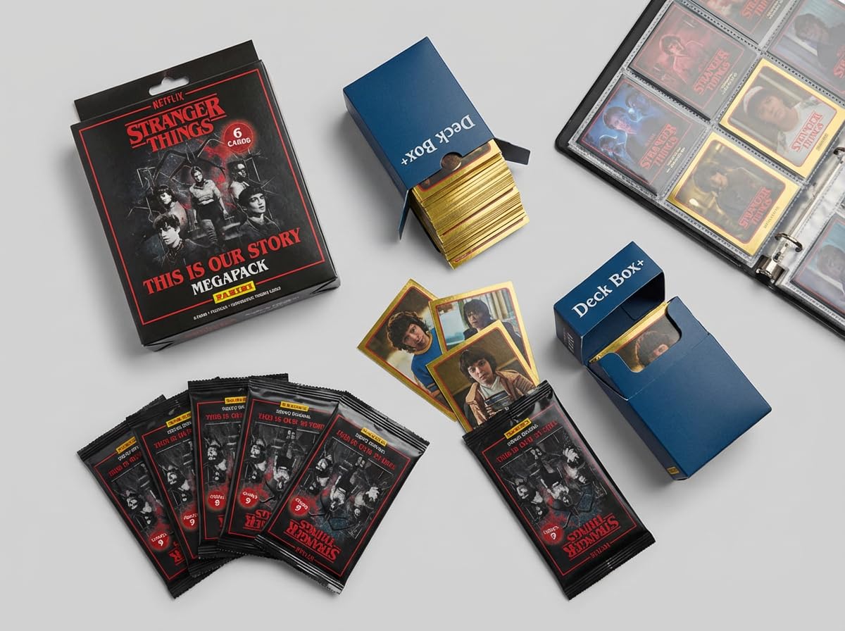 Panini Stranger Things Megapack de Lanzamiento, Colección HC Trading Cards, con 8 Sobres Extra y Deckbox 80 para Guardar los cromos repetidos
