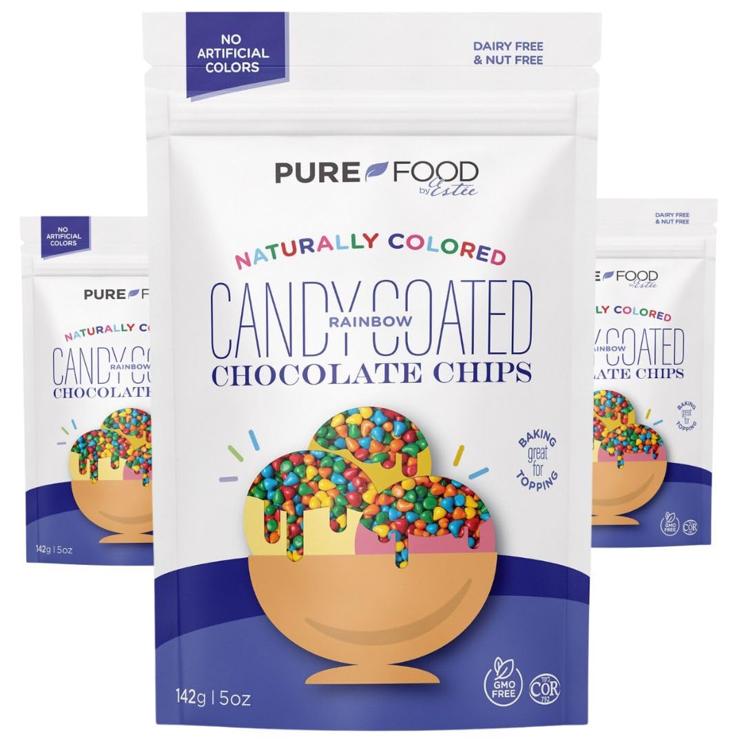 Pure Food By Estee Natural Rainbow Candy Coated Chocolate Chips, 5oz (3 Pack) | Cosmic Brownie Sprinkles | Vegan | Mini Colored Chips for Baking | Soy