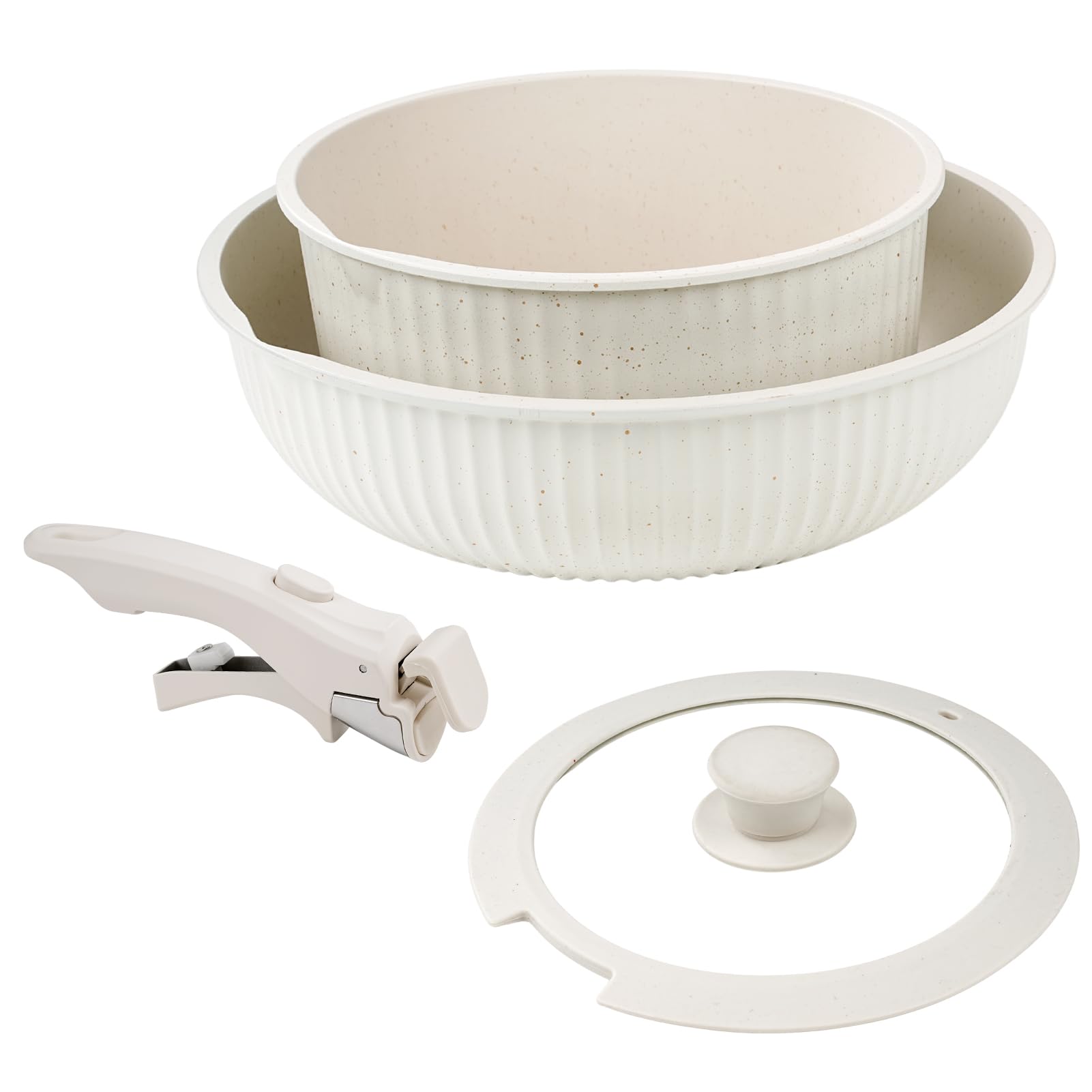 Nikou 3 piece Non-Stick Cookware Set with Detachable Handle, Frying Pan Milk Pan with Universal Glass Lid, for Frying Eggs, Pancakes, Steak, Boiling Milk, and Heating Porridge