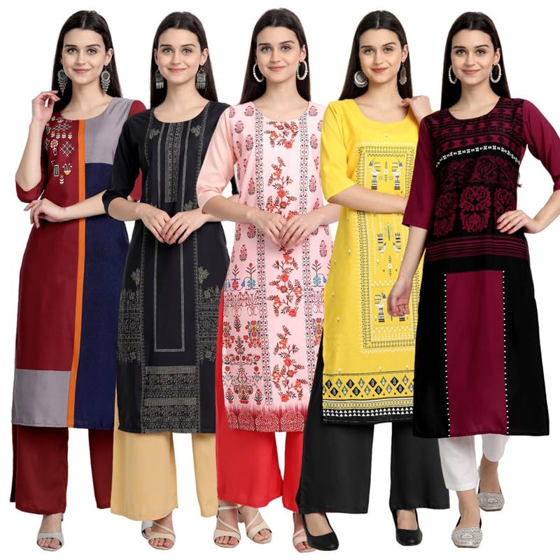 Pinkmint Women's Crepe Kurti For Women's Ll Traditional Kurti For Women Ll The Ultimate Kurti Collection (Pack Of 5)
