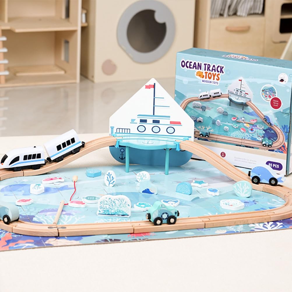 85-teiliges Holz-Ozean-Zugstrecken-Set mit elektrischem Zug & magnetischem Angelspiel