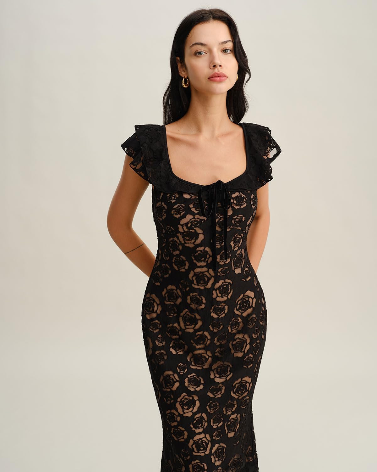 RIHOAS Midi Length Formal - Elegant Wedding Guest Bridesmaid Cocktail Gown Embroidered Floral lace Dress - Image 5