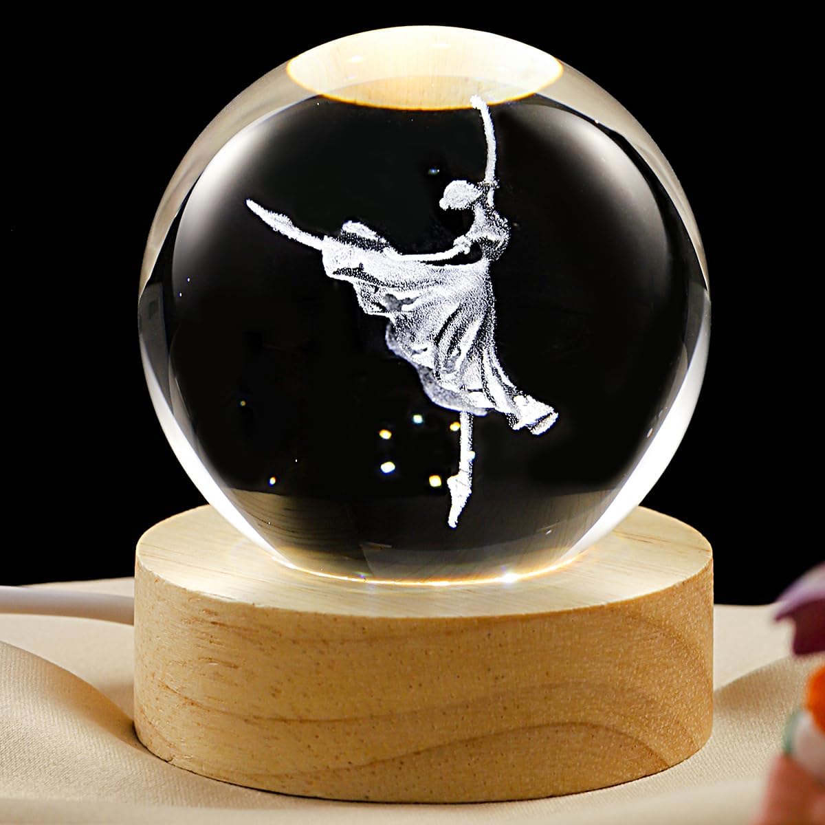 3D Dancer Crystal Ball Lamp with Dimmable LED and Wooden Base, Night Light for Kids Teens Adults, Home Desk Office Bedroom Decor, Birthday Gift (2.4”/ 6cm)