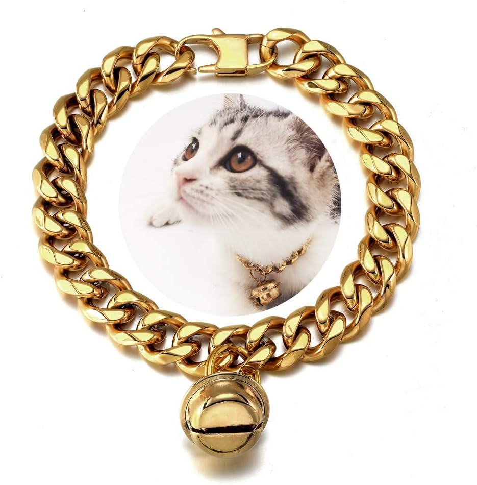 Cat Dog Collar 12mm Stainless Steel 18K-Gold-Plated Cuban Chain with Bell | Premium Stainless steel | 18K-Gold-Tone |Adjustable Buckle| Chew Poof | No Tarnish