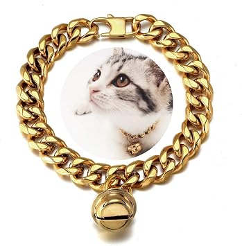 18K Gold Cat Dog Collar Kitten Puppy 1/2inch 12mm Wide Stainless Steel Kitten Choker Curb Chew Proof Cuban Link Chain with Bell Neck Fit 10"-12"
