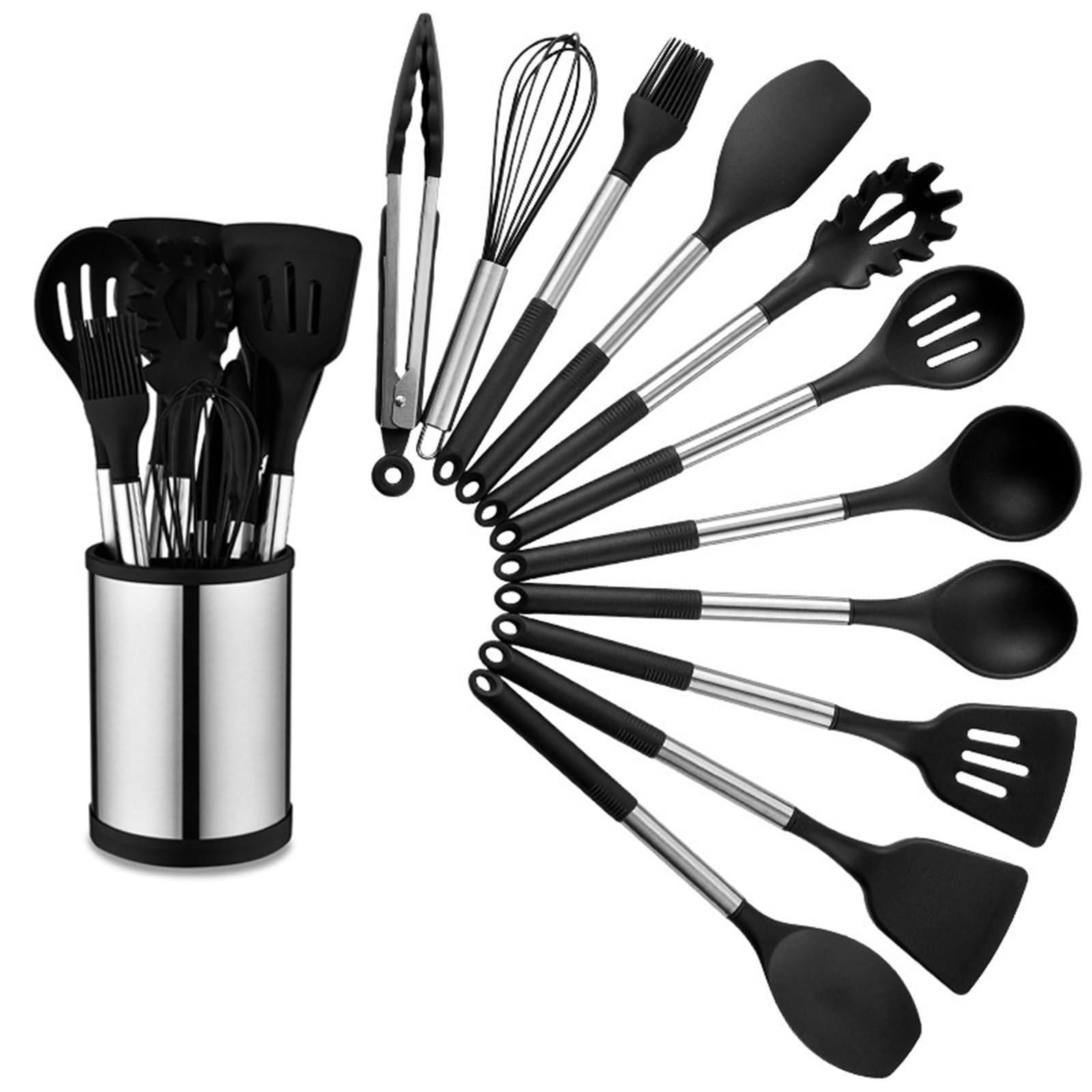 Küchenhelfer Set, Silikon Küchenutensilien Kochutensilien Set, Antihaft Hitzebeständiger Kochbesteck Set Mit Edelstahlgriff, Gesund & Langlebig, Spülmaschinengeeignet, 11 Stück,Black