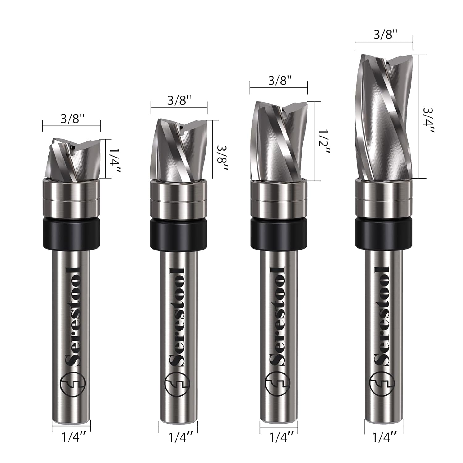 4PCS Top Bearing Flush Trim Router Bit Set 1/4 Shank, 3/8" Cutting Diameter, 1/4,3/8,1/2,3/4" Cutting Length, 3 Flutes Down Cut, Carbide Spiral Pattern Template Bit for Wood Trimming