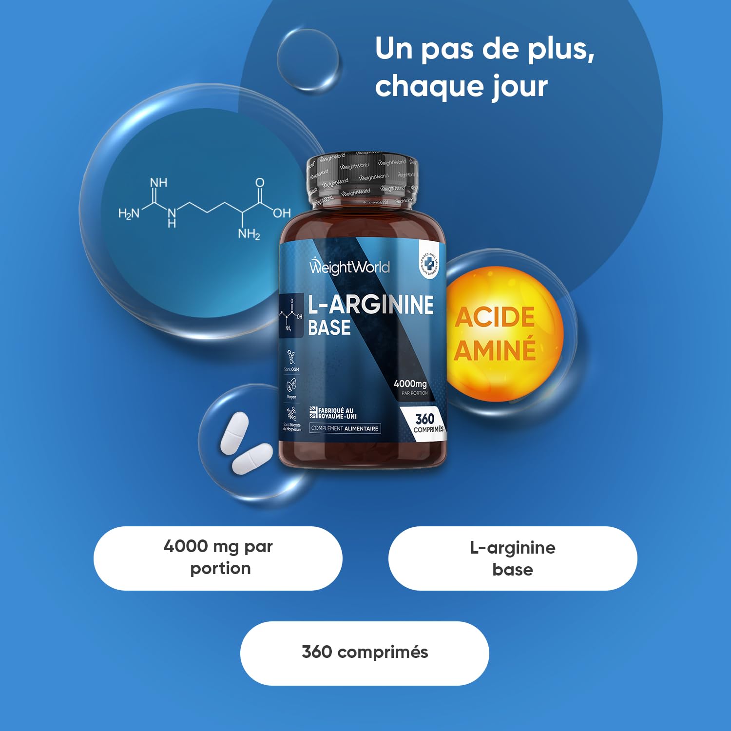 L Arginine Base, sans Sels ni Acides Ajoutés – 360 Comprimés, 3 Comprimés/Jour pour 3 Mois - pas de L Arginine HCL ou de L-Citrulline - Acide Aminé Semi-essentiel, Post Workout et Pre Workout