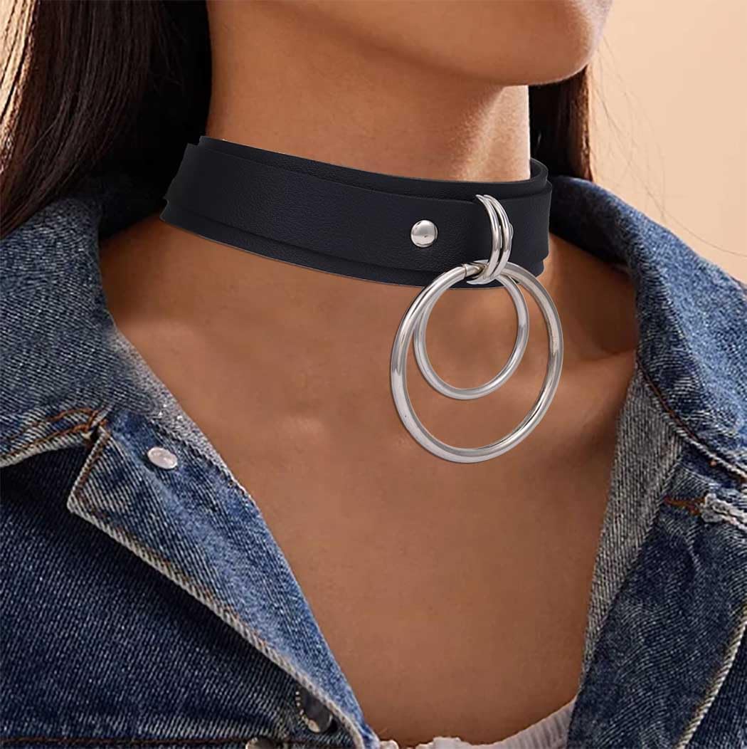 Gothic Leather Choker Circle Ring Choker Necklace Punk Choker Collar Adjustable Goth Rock Necklaces for Women - Image 3
