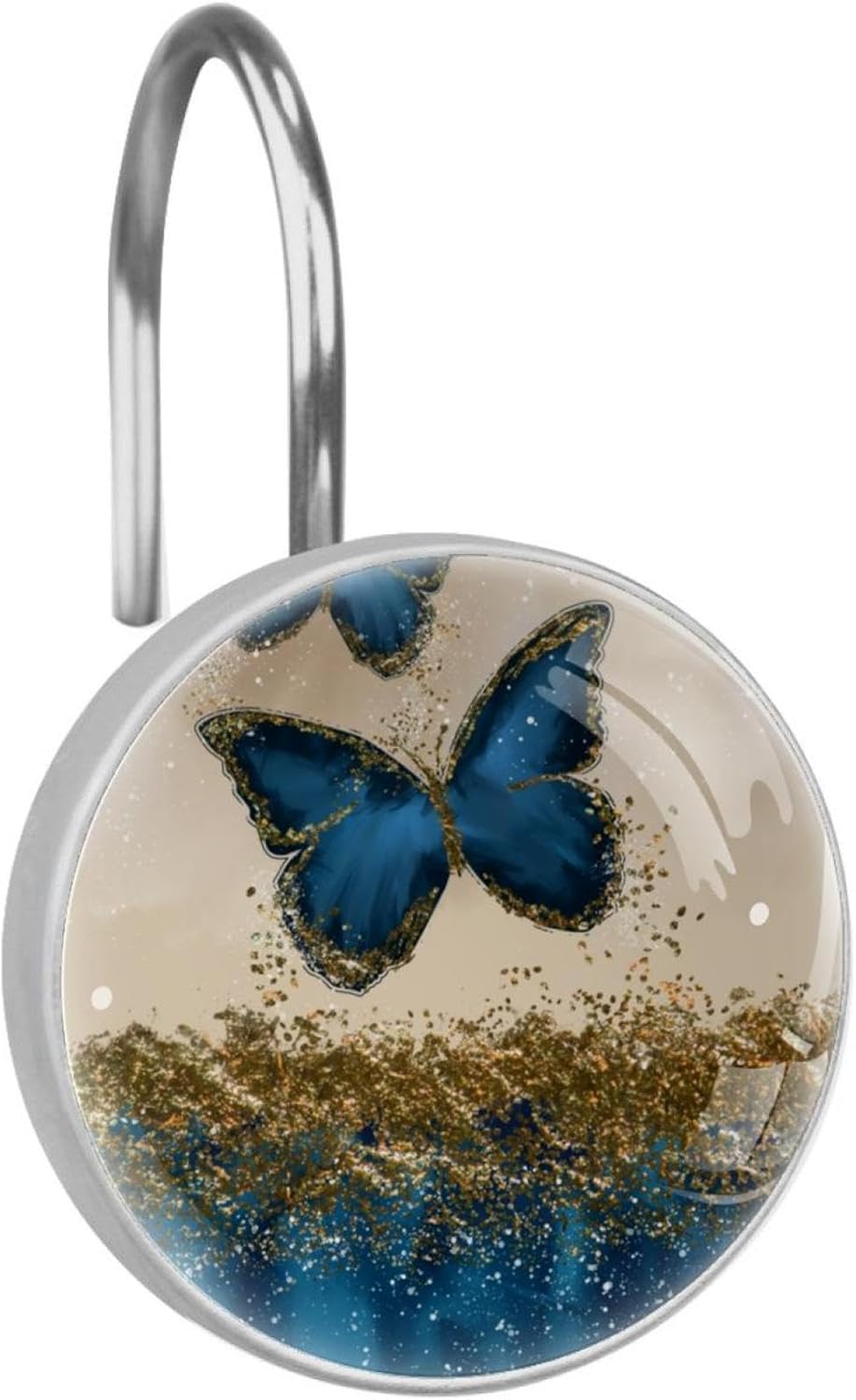 Decorative Shower Curtain Hooks - 12 Pack Blue Butterfly Marble Pattern Rustproof Rings for Bathroom Decor