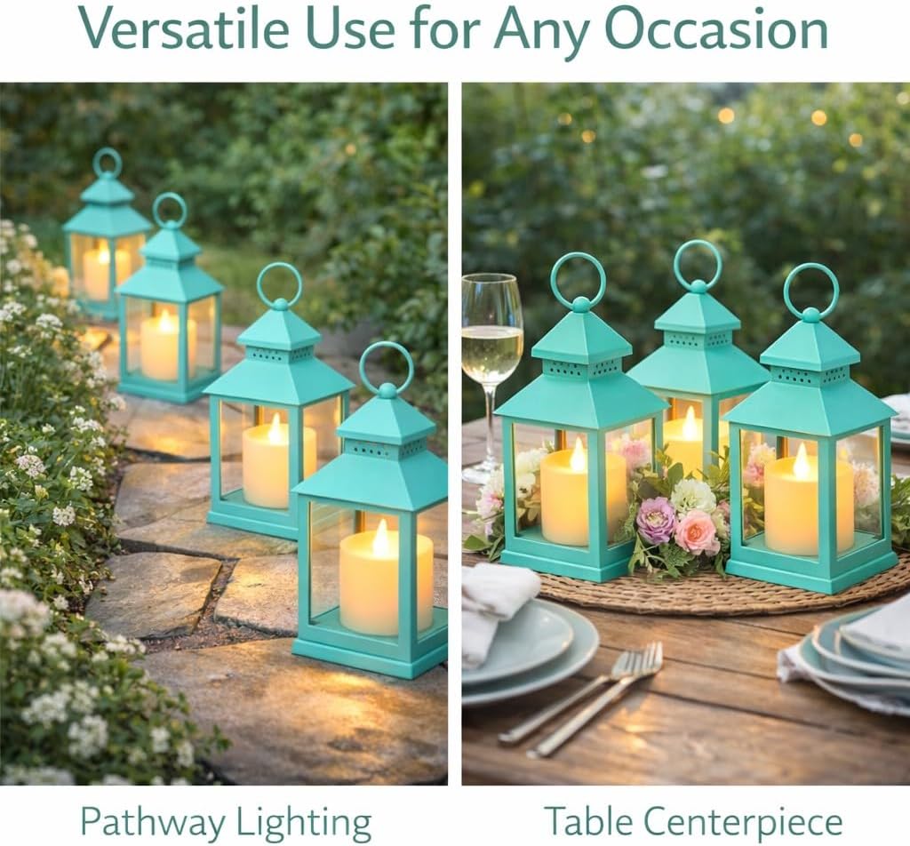 Decorative Lantern Set of 8 with Flameless Candles & 4 Hour Timer – Teal Indoor Outdoor Lanterns for Patio, Porch, Wedding & Home Décor – 9.375 Inch Hanging Tabletop Lanterns