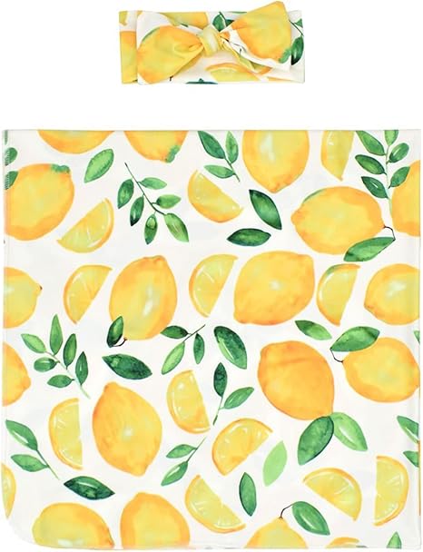 Yissone Nursery,Bedding,Blankets & Swaddlers,Swaddles Yissone Baby Receiving Blanket with Headband Set, Soft and Breathable Fruit Printed Baby Swaddle Blanket Sleeping Wrap for Newborns(Lemon)
