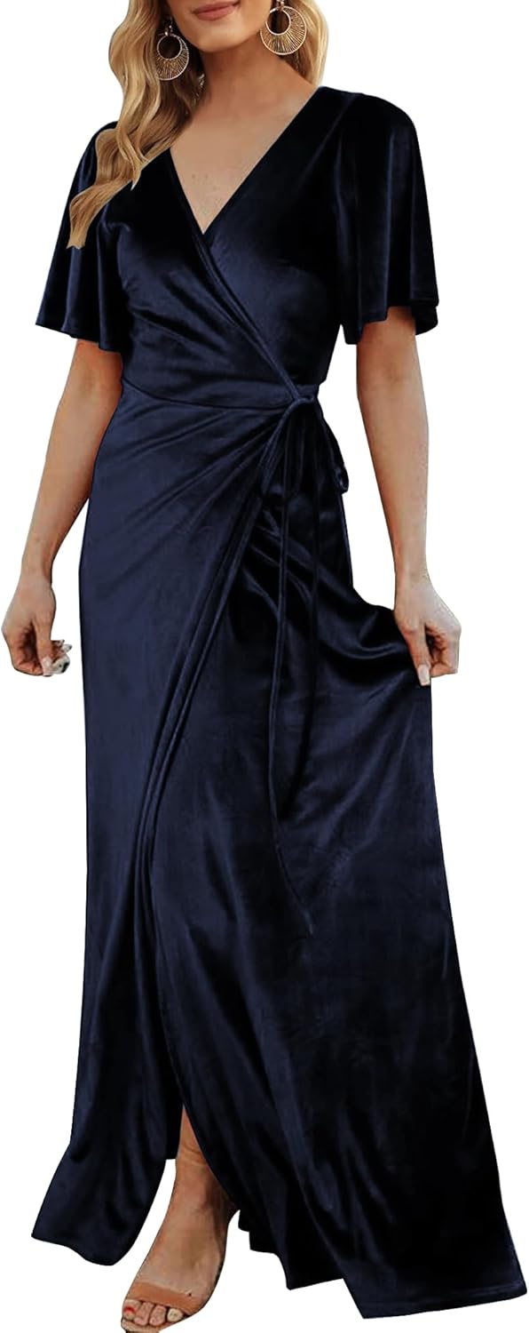 CYiNu Women's Wrap Velvet Maxi Dress V Neck Bell Sleeve Split Elegant Cocktail Party Dress