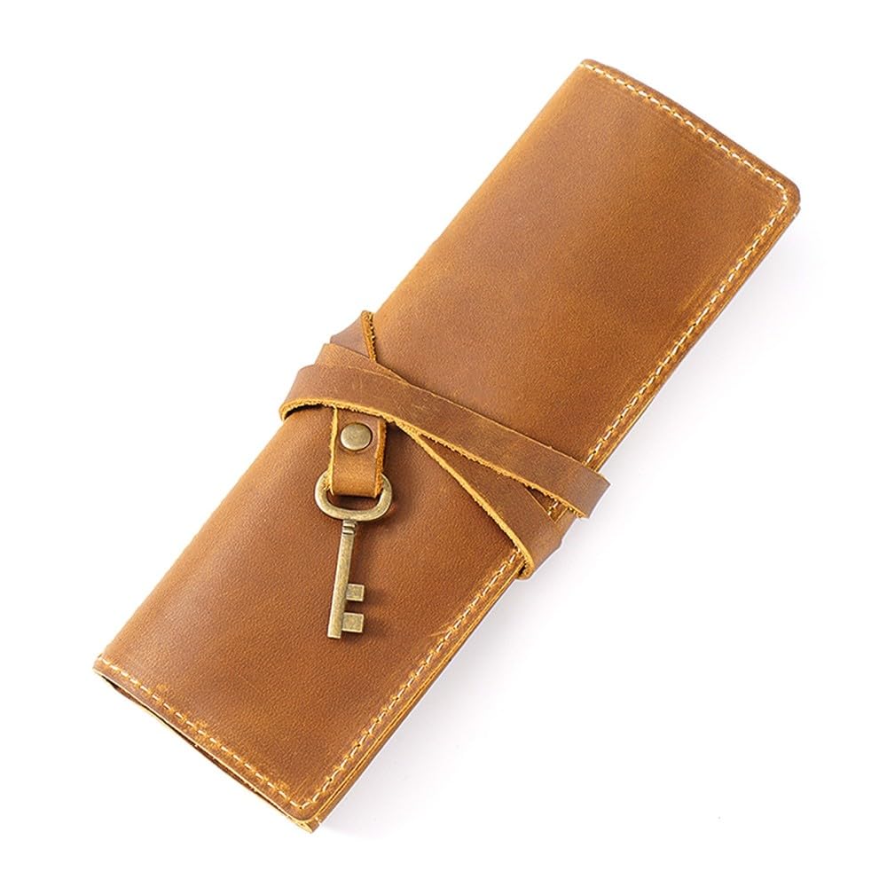 DONGKER Leather Pen Bag,Roll-Up Leather Wrap Pen Pouch, Foldable Pencil Roll Organizer for Student Artist Drawing Coloring