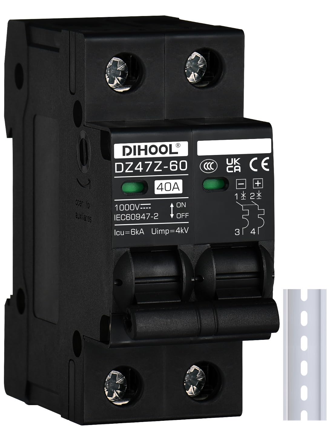 DIHOOL DC Circuit Breaker 40 Amp Solar Disconnect Switch 2P 1000V for PV, UPS, RV Battery,DIN Rail Mount