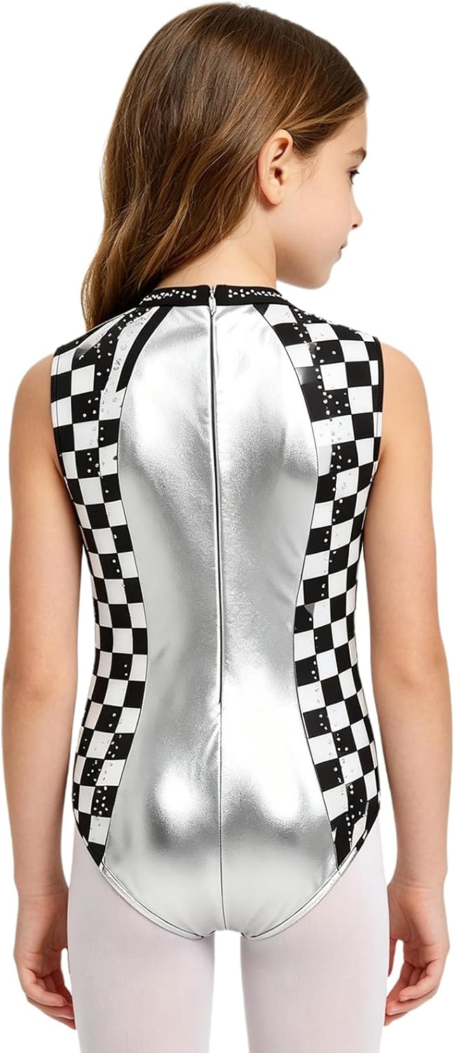 Kids Girls Printed Sleeveless Workout Bodysuit Shiny Metallic Practice Outfit Ballet Unitard for Dancing