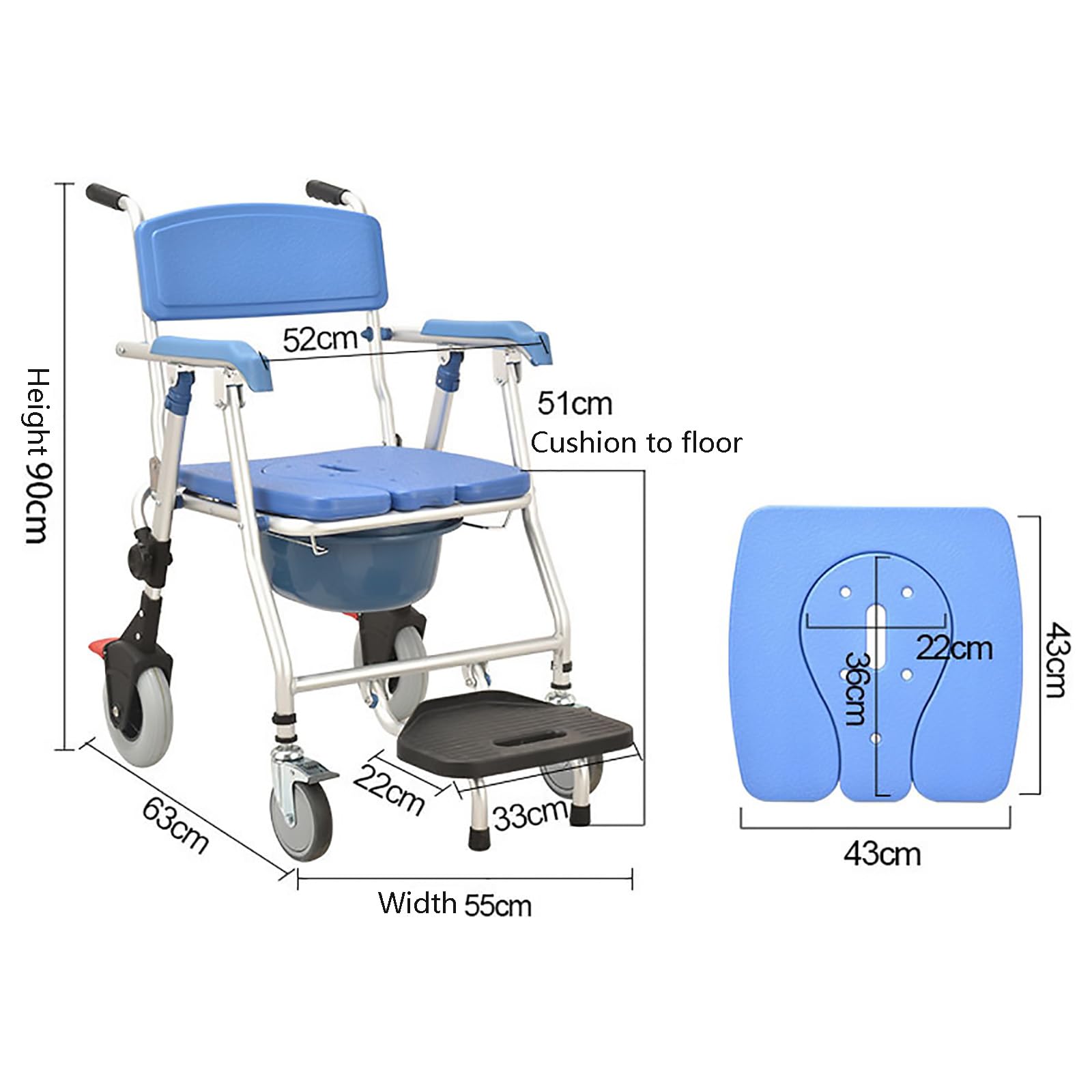 HAILM Silla Ducha Plegable Ligera Aluminio Durable - Silla Inodoro Cómoda con Ruedas - Inodoros Cabecera para Ancianos - Silla Ducha para Ancianos y Discapacitados