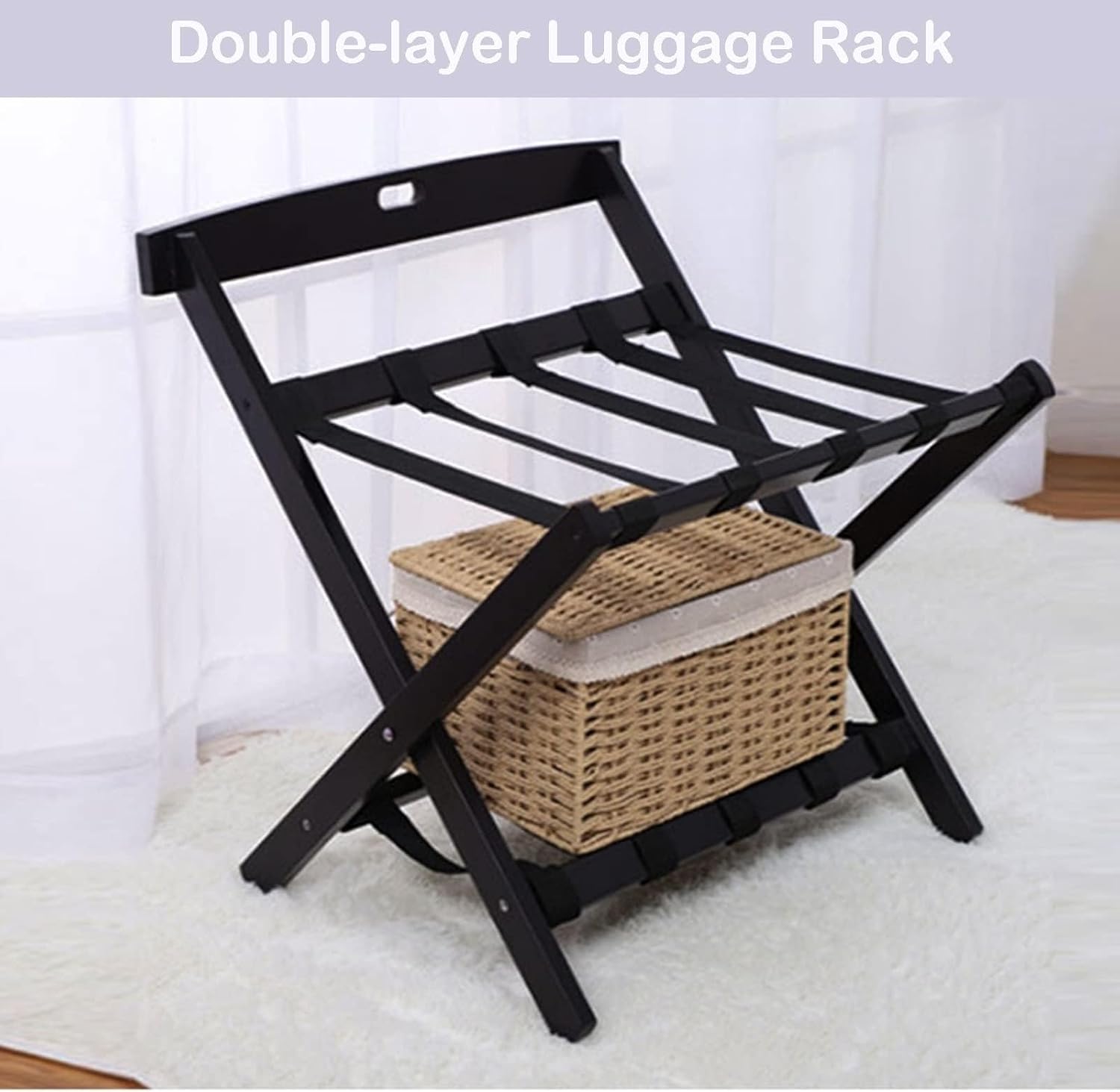 Luggage Stands For Suitcases Foldable - Luggage Rack, Black 2 Tier Luggage Rack, Bedroom Fur Landing Shelf With Backrest, Solid Wooden Hotel Luggage Storage Rack, For Ho