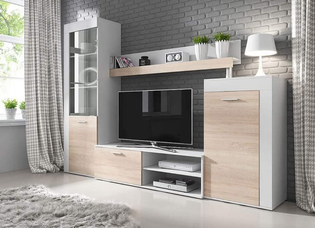 ABIKSMEBLE Meuble-Paroi Murale Rita - Ensemble de Meubles de Salon Moderne - Armoire Murale - Blanc Mat, Sonoma