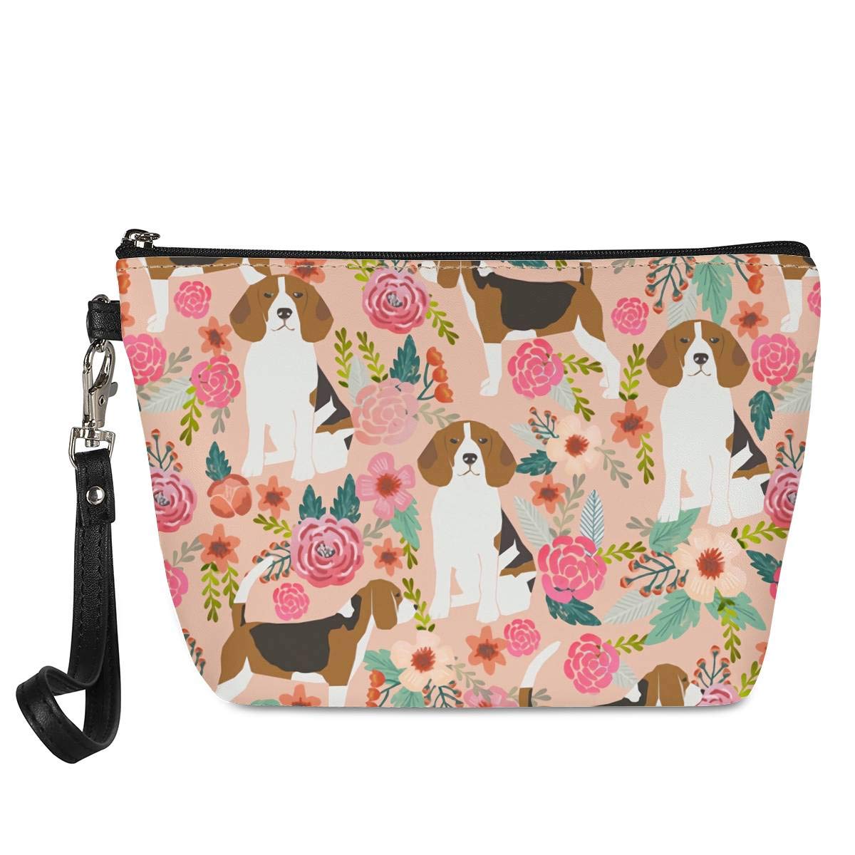 Mumeson Small Toiletry Cosmetic Handy Bag for Women Ladies Pink Floral Beagles Zipper Closure Travel Pouch Storage Clutch Purse