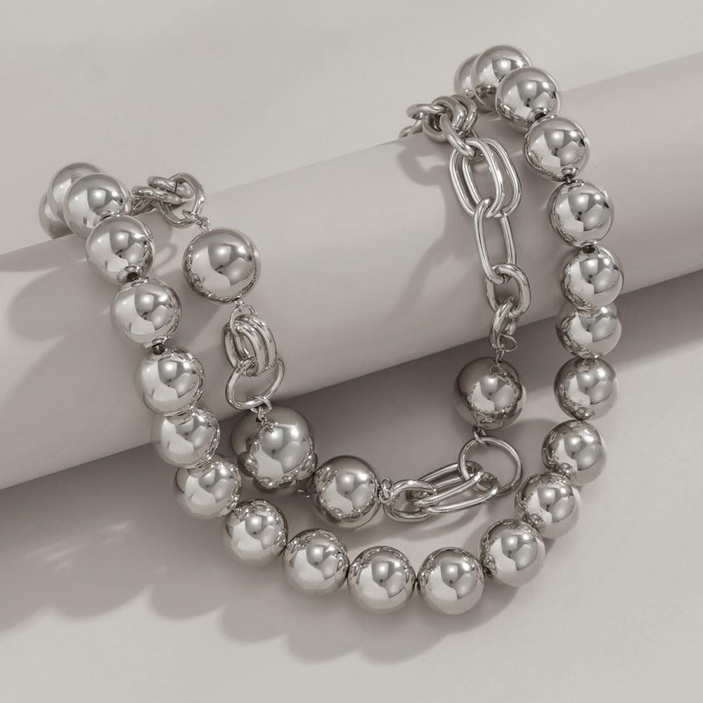 GIGB PBDK Chunky Silver Beaded Necklaces for Women Trendy Statement Choker Necklace Boho Silver Ball Collar Necklace Simple Everyday Prom Jewelry Accessories - Image 4