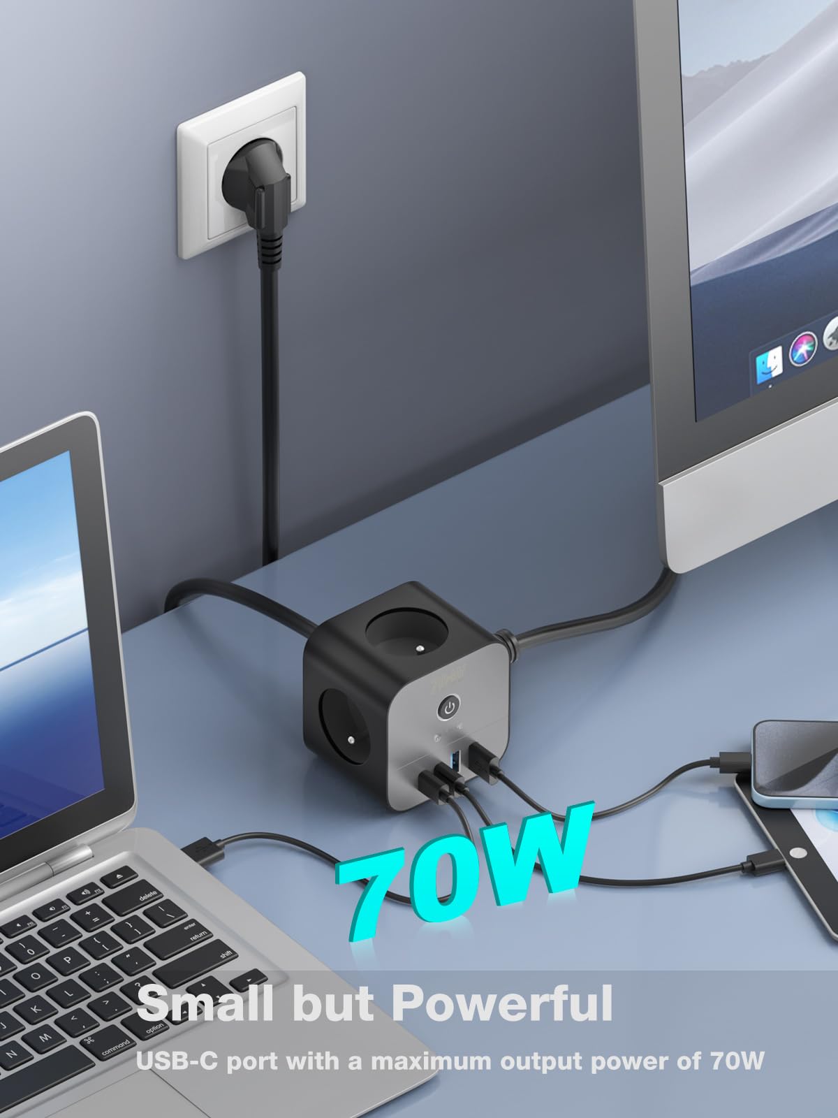 VEFVE Regleta Tipo E (Estándar Francés) 70W GAN, Cubo USB C Carga Rápida, Ladrón 7 en 1 con Interruptor, para MacBook, iPhone 17, Cable 3m, Negro