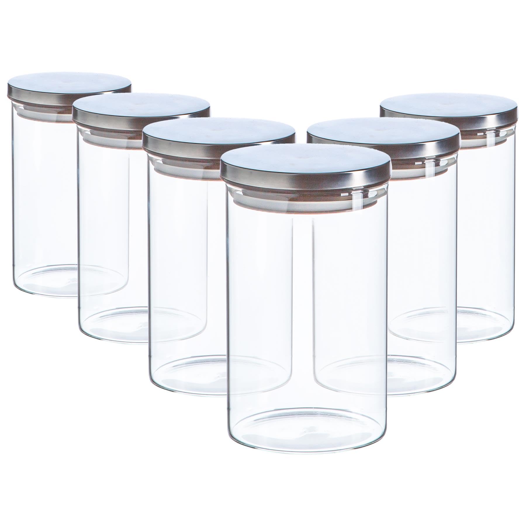 Argon Tableware Scandi Storage Jars with Metallic Silver Lids - 1000ml - 6 Pack - Modern Round Organisation Container Glass Jar for Kitchens, Pantry, Bathrooms, Utility Rooms โ image 1