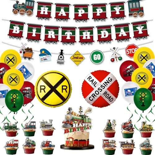 Train Birthday Party Supplies - 31PCS Railroad Crossing Themed Decoration with Foil Balloons Banner Latex Balloons Cake Topper for Train Birthday Decorations Vintage Retro Transportation Decor