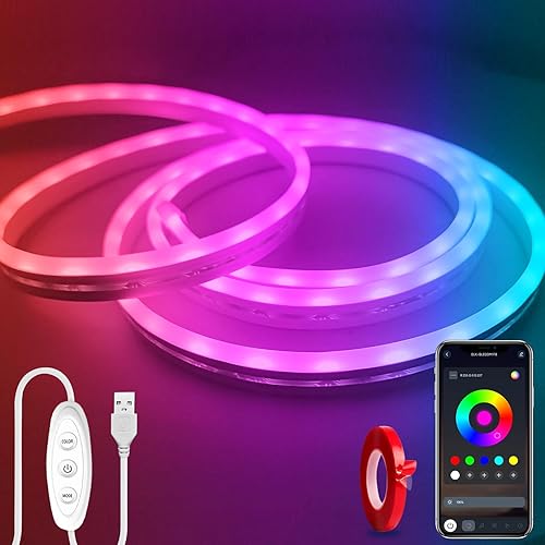 Miniatura 1 de Luces LED de neón, tira de luces LED alimentadas por USB de 6.6 pies, sincronización de música de 5 V, cuerda de luz que cambia de color con control