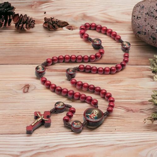 Terço Madeira Vermelho 8mm Coração Jesus/Maria Cordão Católico Religioso
