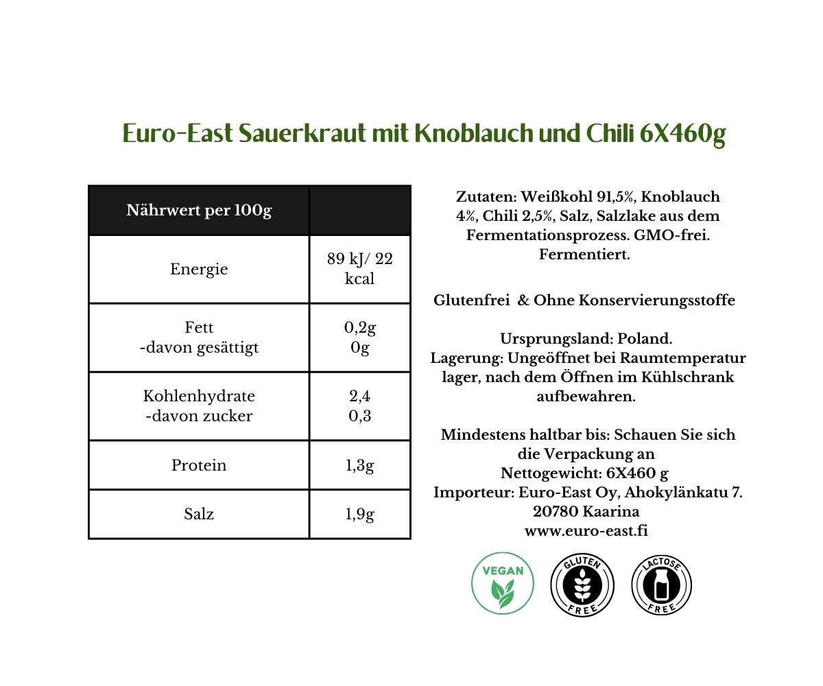 Euro-East Sauerkraut mit Knoblauch und Chili 6-pack im Glas x 460g | Vegan und Glutenfrei eingelegter Kohl | Fermentiertes Gemüse (6x460g)