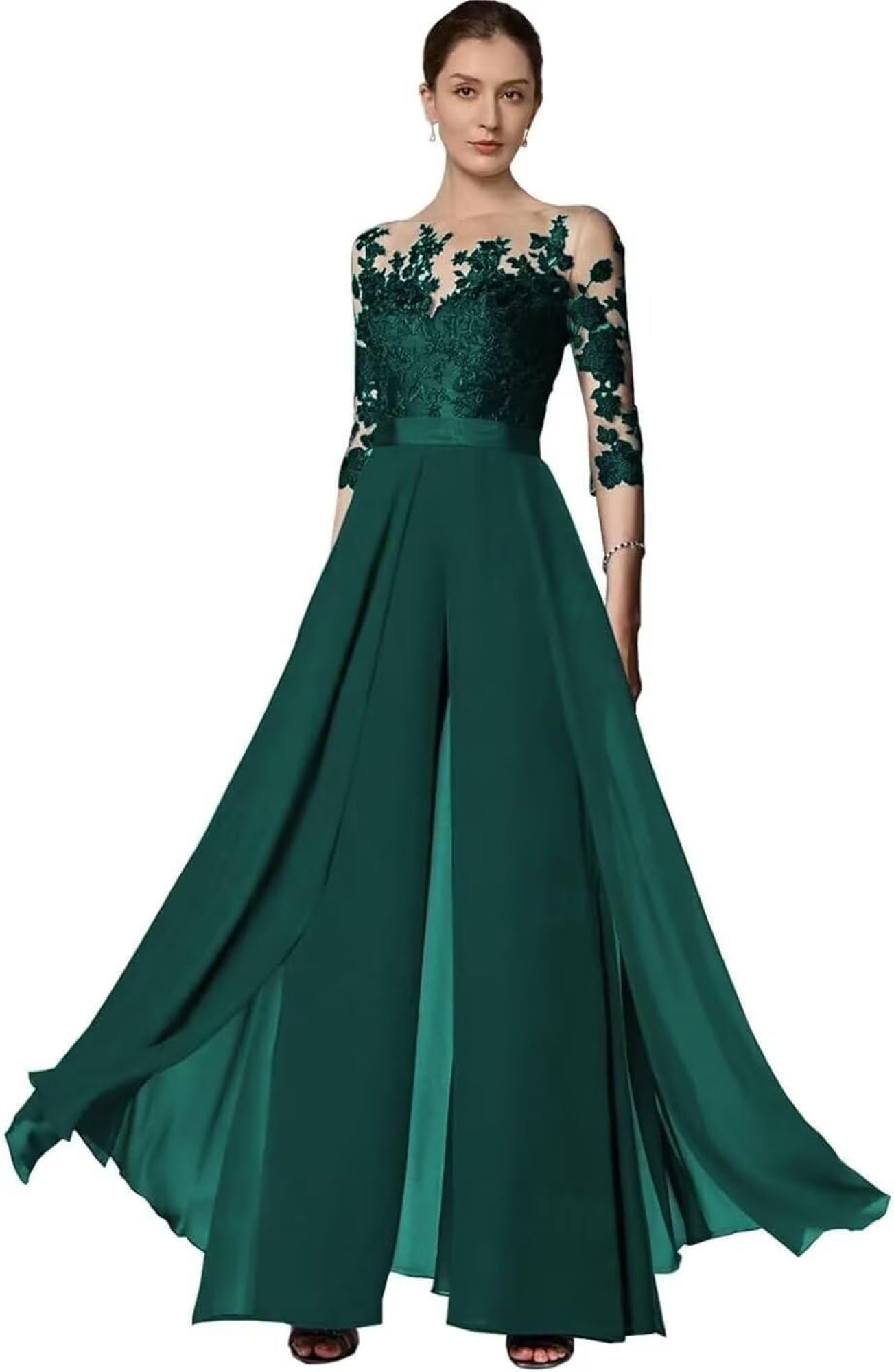 2 Stück Chiffon Hosenanzug Damen Festlich Elegant - Spitze Hochzeit Jumpsuits 3/4 Ärmel Mutter der Braut Hosenanzüge