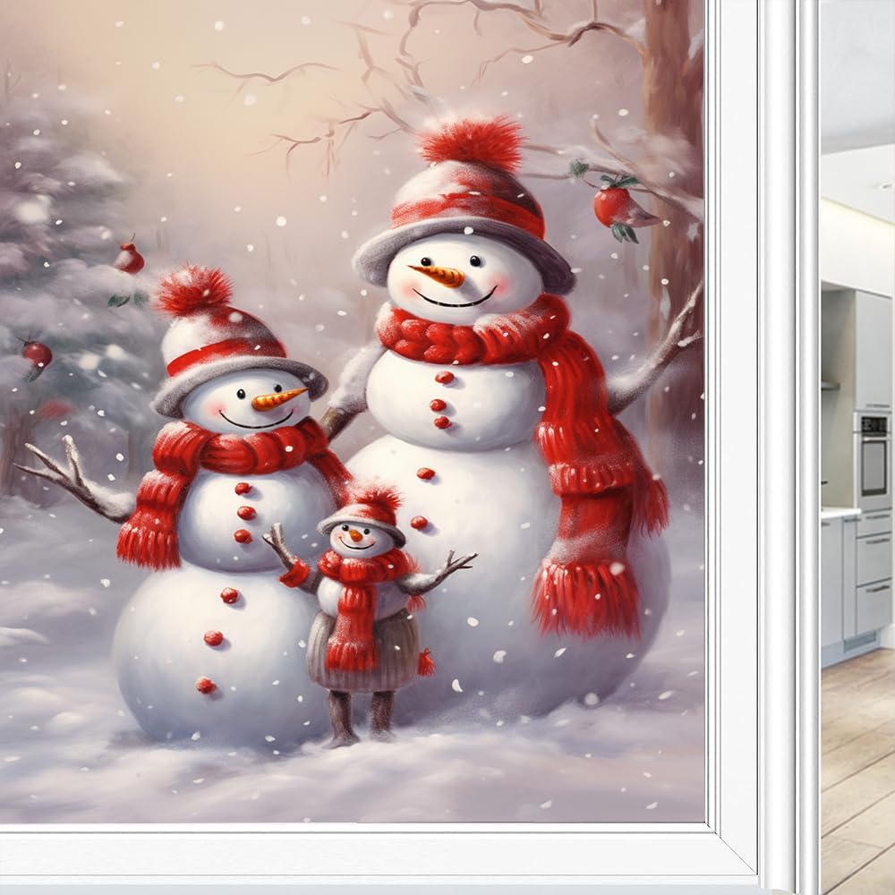 Snowman Family Privacy Window Film Winter Scenery Christmas Stained Glass Window Coverings Adhesive Sticker Frosted Window Film for Home Office Stores 35.4Wx63L inch