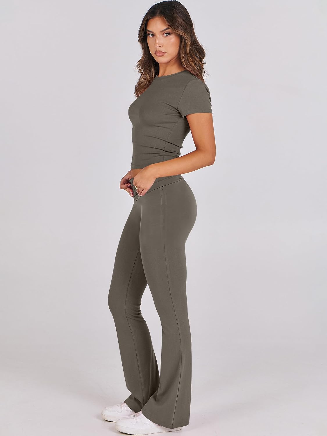 Women's Soft Stretchy 2-Piece Lounge Set - Crop Top & Flare Leggings — view 3