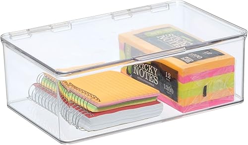 mDesign Caja organizadora de plástico para oficina en casa con tapa con bisagras para escritorios, capacidad para bolígrafos, lápices, notas