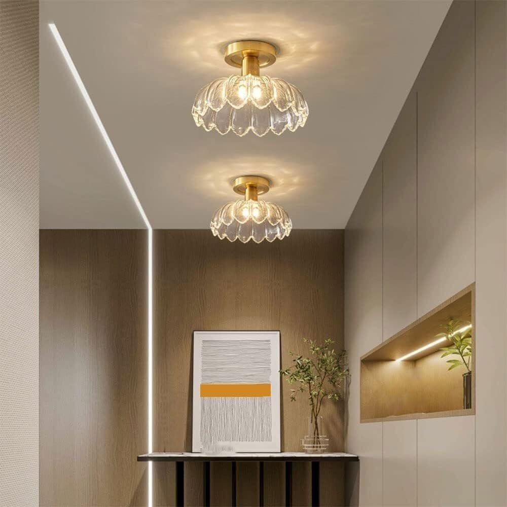 9.84 Inches Modern Flower Shape Glass Shade Ceiling Lamp, Vintage Style Scalloped Petal Design Ceiling Light, Brass Flush Mount Ceiling Lighting Fixture, for Bedroom Balcony Walk