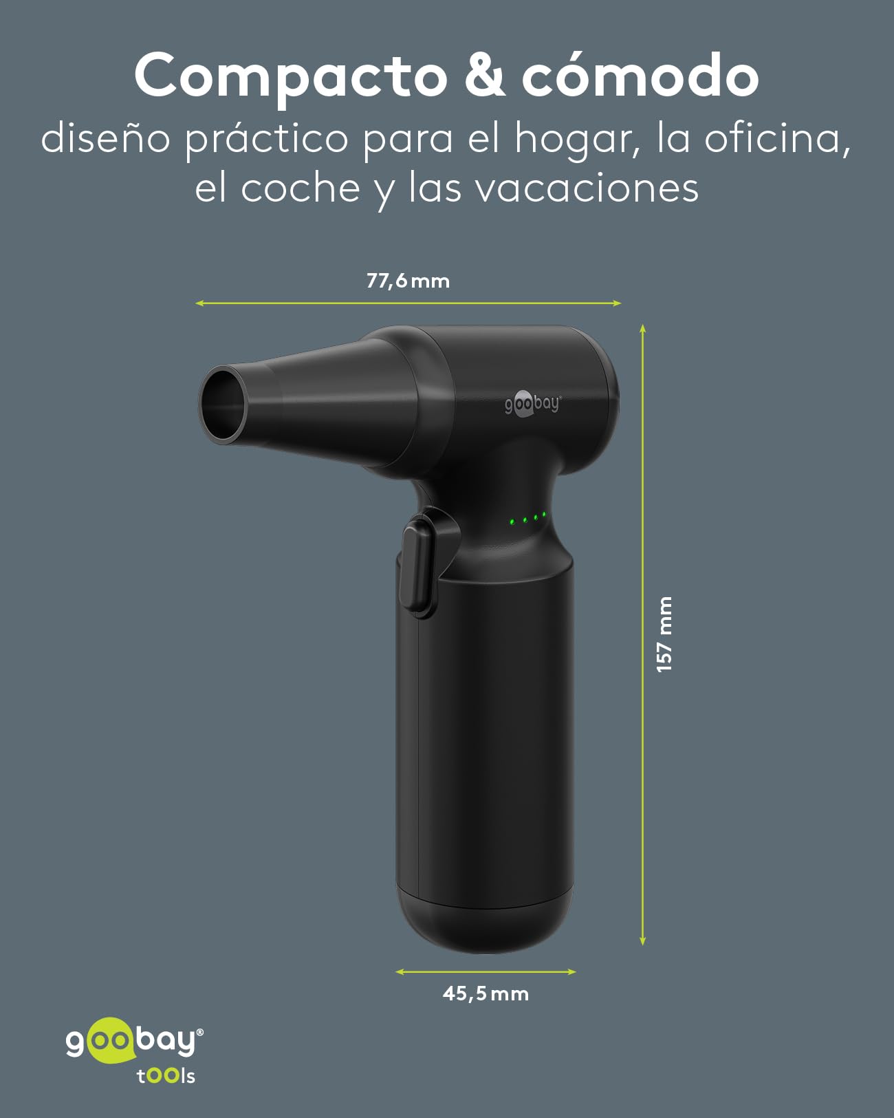 goobay Soplador de aire eléctrico, negro, inalámbrico, 100 W, 110.000 rpm, 3 niveles de potencia, con 8 boquillas, 3 cepillos y batería recargable USB-C, 77830