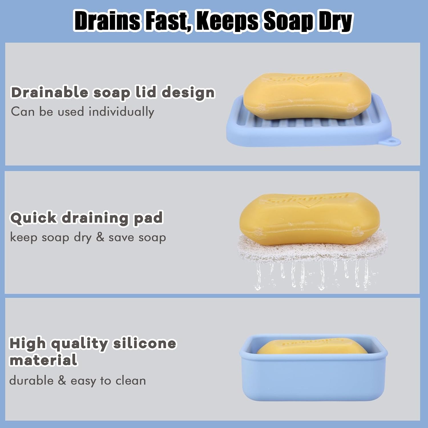 Silicone Travel Soap Case, Leak-Proof Soap Container with Drain Pad, Blue image 3