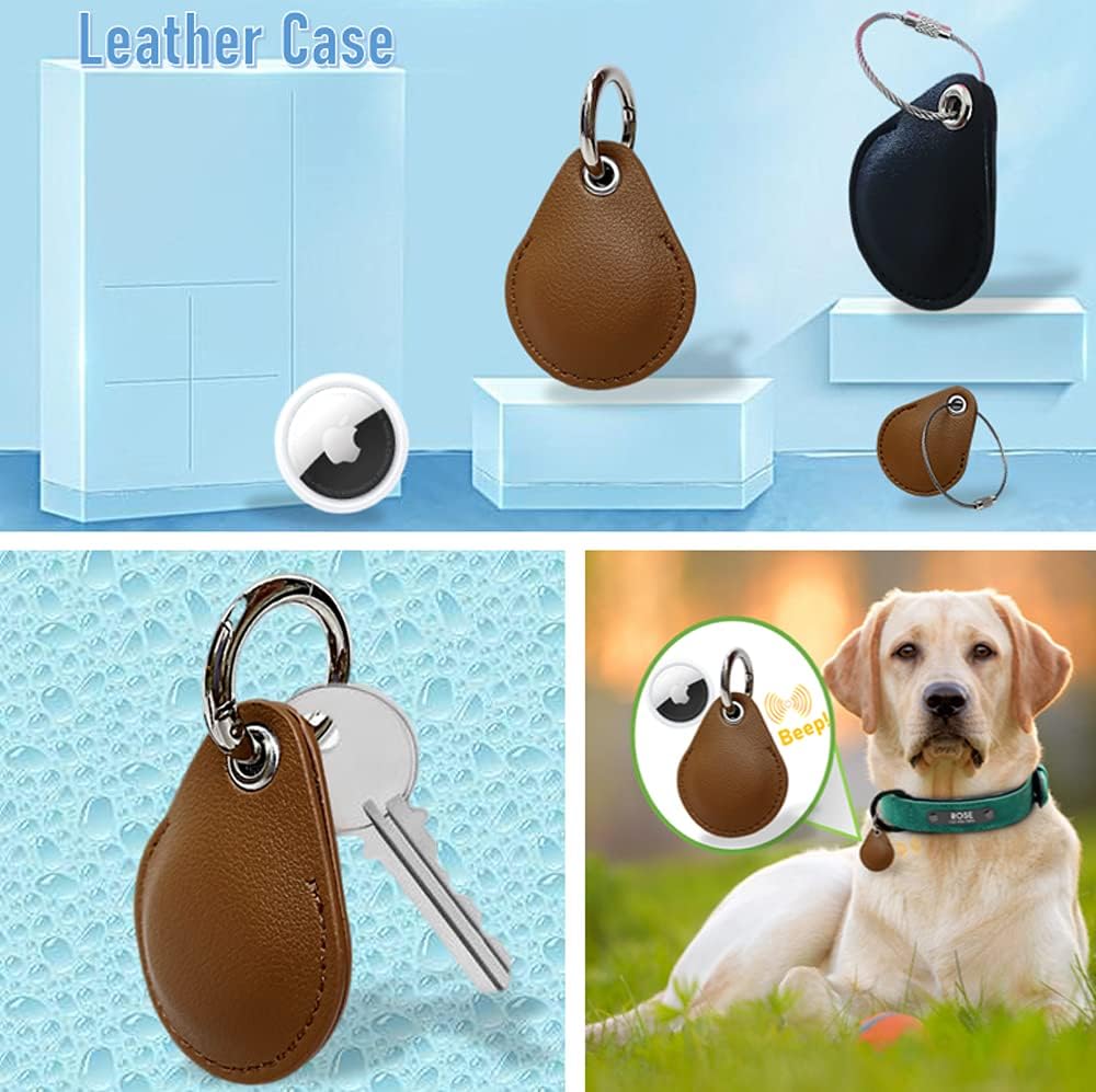 Leather Case for Airtags 2021,Moto tag 2024 as Accessories with Keychain Connect Tracker/Locator for Key, Bag,Dog Collar,Airtag Holder Sleeve Cover Protect Finder (Black,Brown) (4 Pack)
