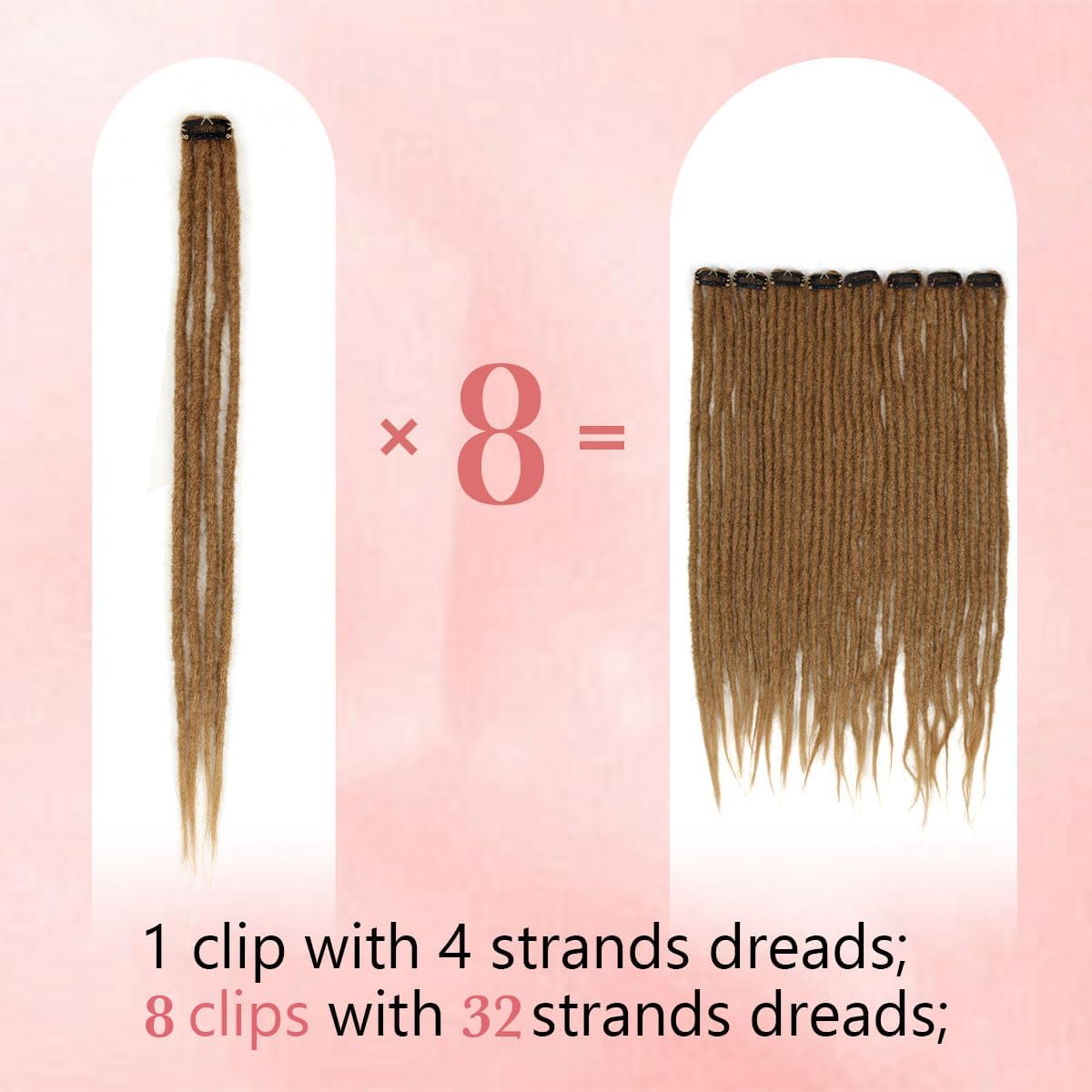 16インチクリップインドレッドヘアエクステンション、ブラウン合成ドレッドロックエクステンションクリップイン16インチ8個32ストラン