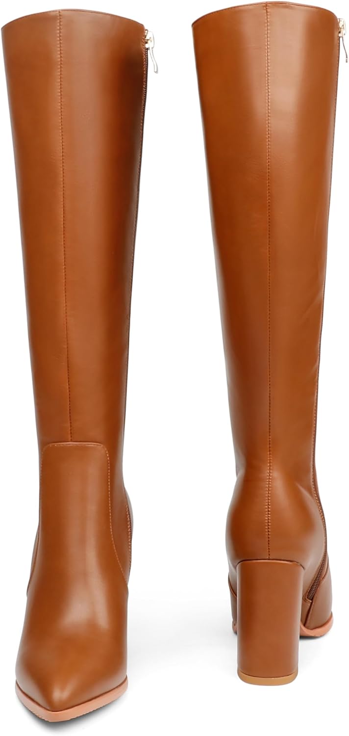 COLETER Women's Knee High Boots Pointed Toe Chunky Gogo Boots Zipper Block Heeled Tall Dress Boots - Image 6