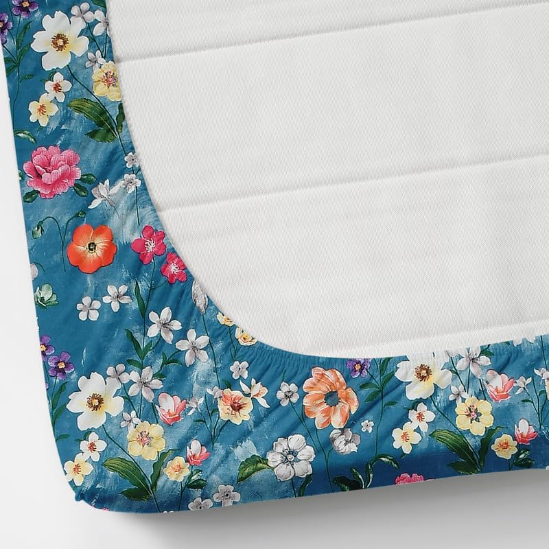Image of NEW LEAF Cotton Fitted King Size Bedsheets with 2 Pillow Covers | Elastic Fitted | Wrinklefree | Ultrasoft |Winter Bedsheet 220 tc tc Floral | 710x72+10 Inches, Blue White