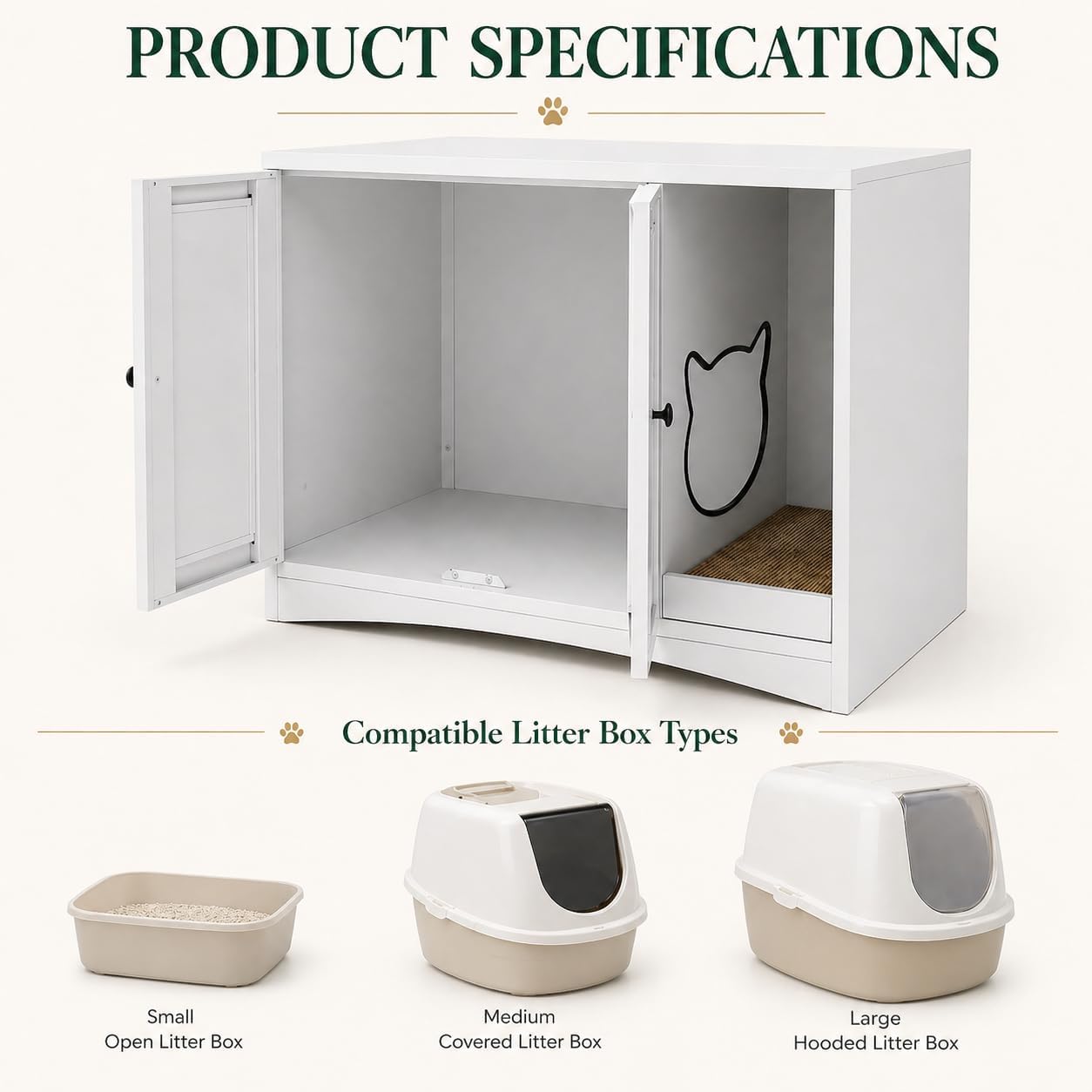 AUN Cat Litter Box Enclosure Hidden Cabinet, Easy Clean Steel Frame Pet House Furniture, Cat Washroom with Curved Entry, Dog-Proof, White, 31.5x19.6x27.5 Inches, Indoor Use