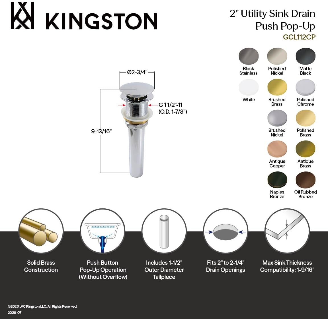 Kingston GCL112CP Drain for Cast Iron Utility Sink, Polished Chrome