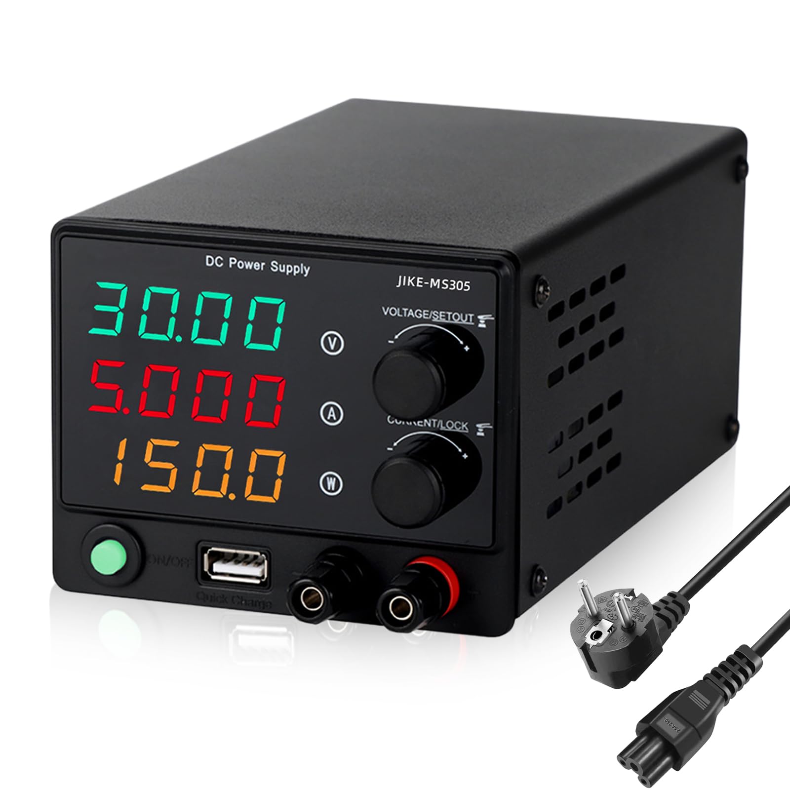Bloc d'alimentation de laboratoire 30 V 5 A 150 W - Affichage LED à 4 chiffres et clé de verrouillage - DC 0-30 V 0-5 A - Mini bloc d'alimentation de laboratoire USB - Charge rapide - Alimentation à